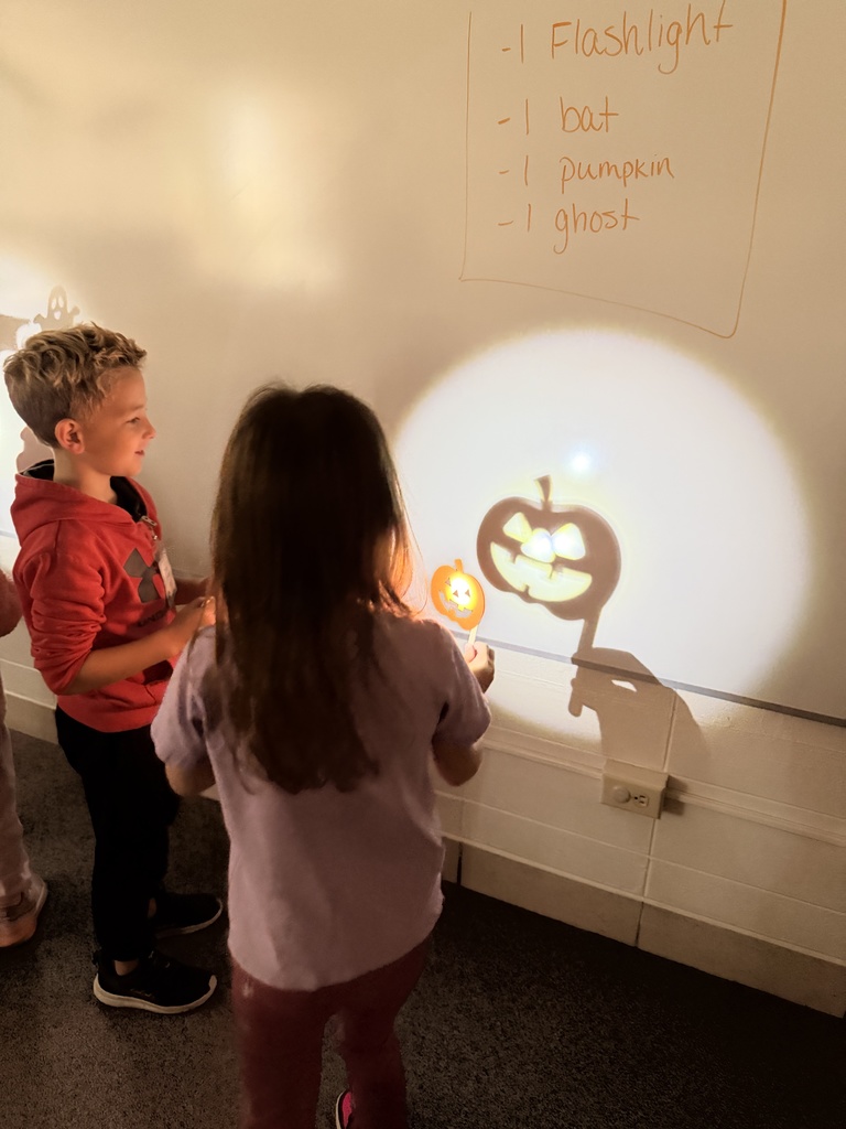 Students make shadows around the room using paper and flashlights