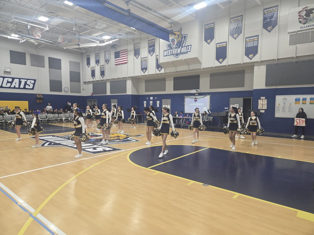 The cheer team performs in the gym during the assembly