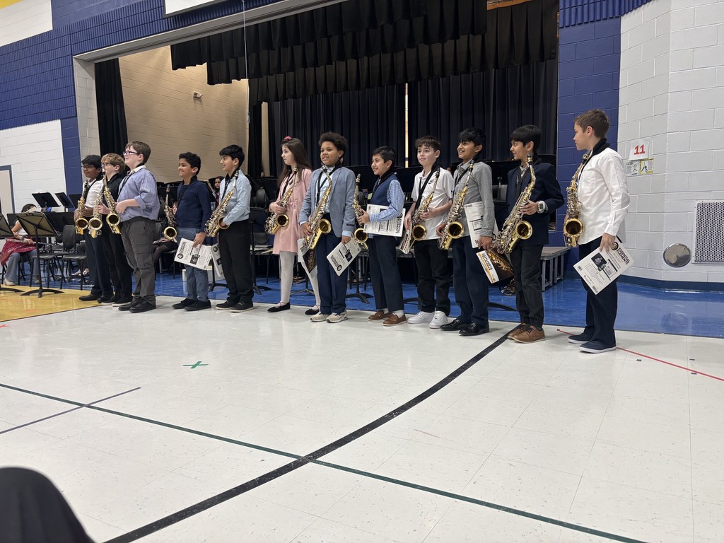 Students hold their instruments and stand in a line during the concert