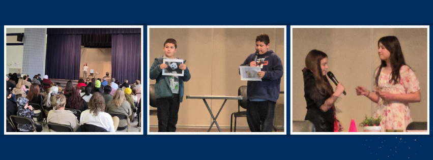 Three photos in a collage showing students performing their poetry