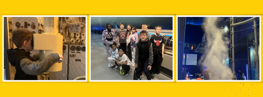 Three photos in a collage showing students at the science museum enjoying the exhibits