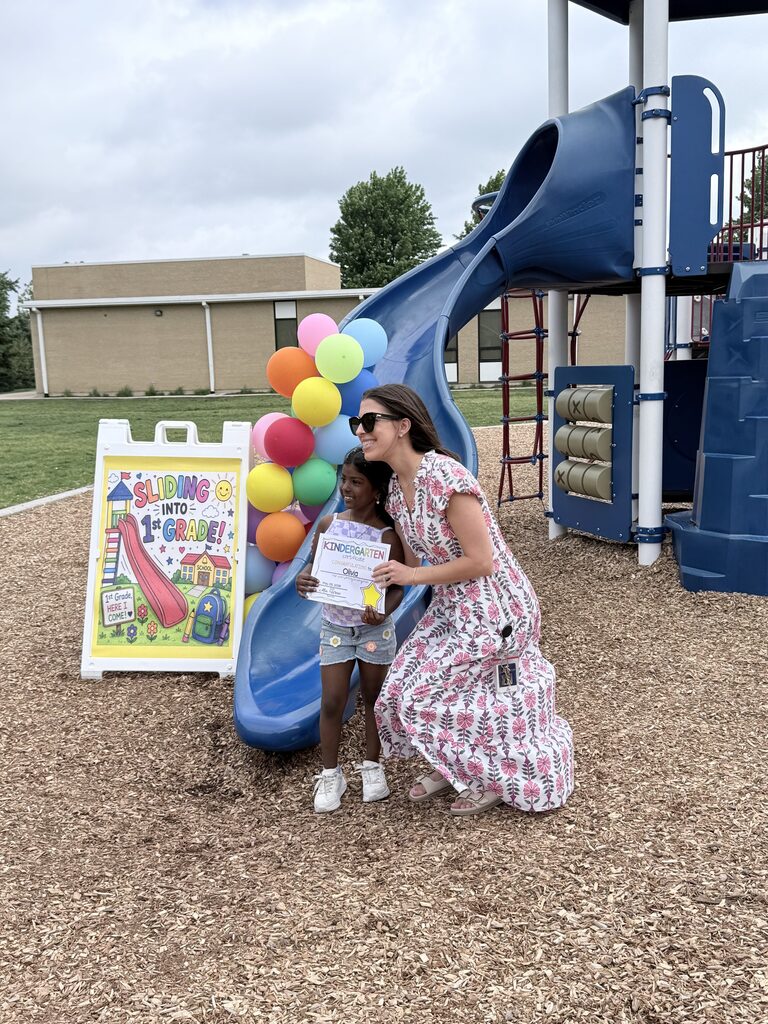 A kindergartener "slides into first grade"