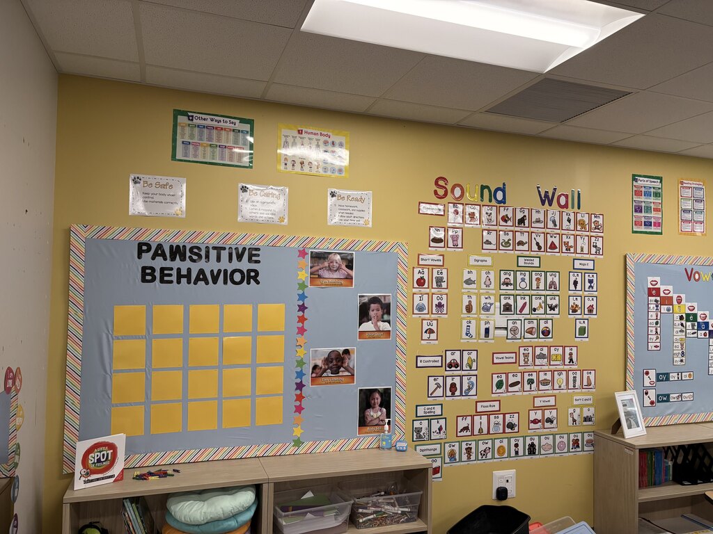 A classroom with decorations on the wall like Pawsitive Behavior and a Sound Wall