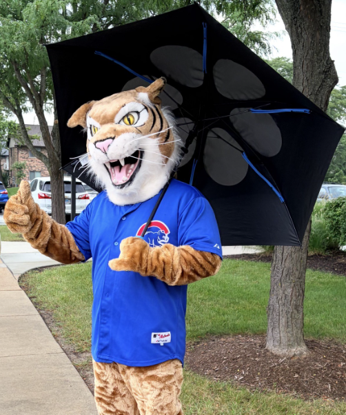 Whiskers the Wildcat poses with thumbs up