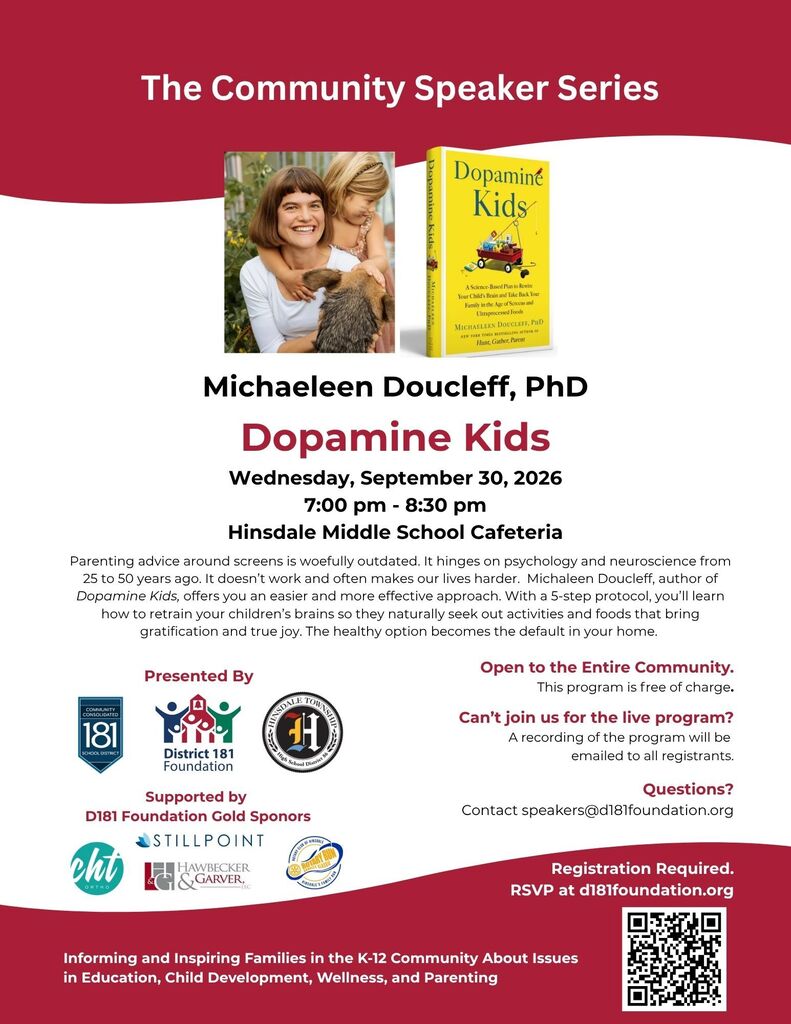 community speaker series, michaeleen douclef, phd, dopamine kids, sept. 30 at 7 pm, hinsdale middle school cafeteria