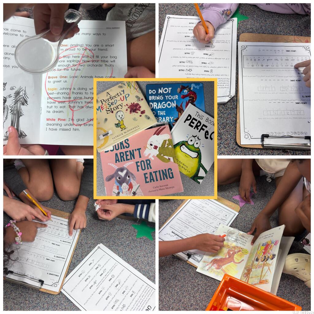 students looking about taking care of library books