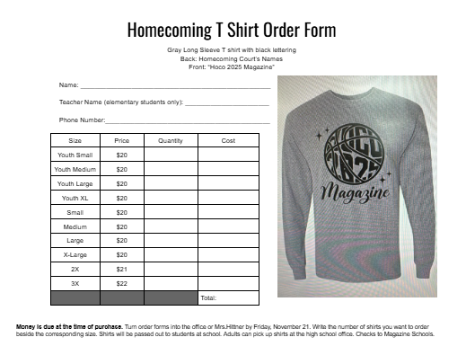 Homecoming T-shirt order forms