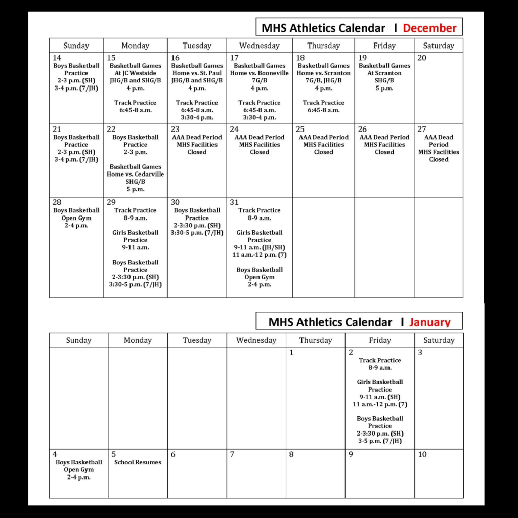 Semester Break Athletics Schedule