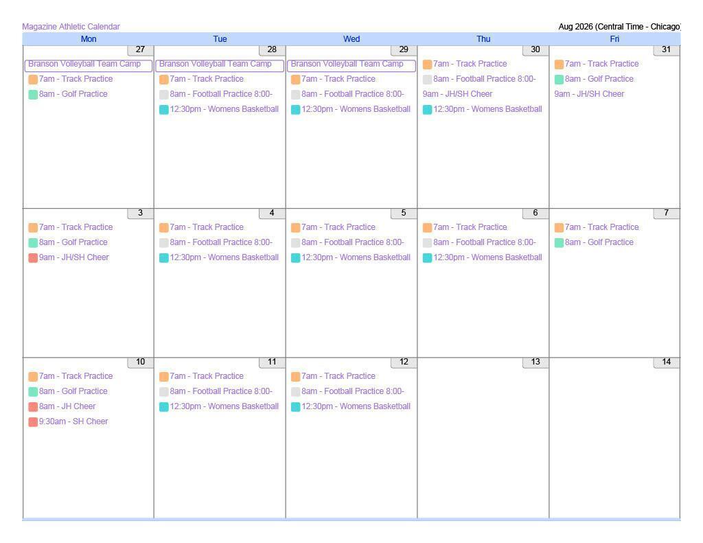 Summer Workout Schedule