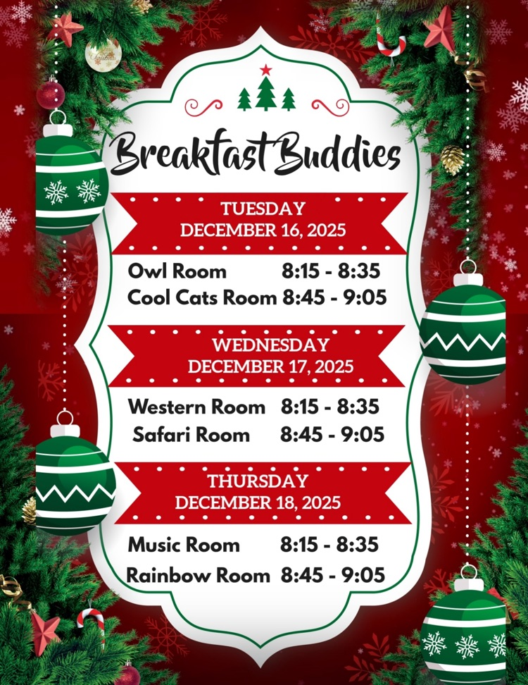 red background with evergreens in each corner and green ornaments hanging