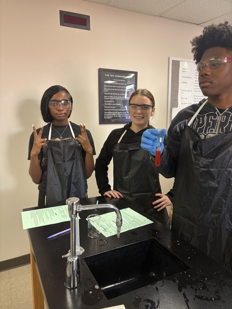 3 students showing the DNA extracted from a strawberry