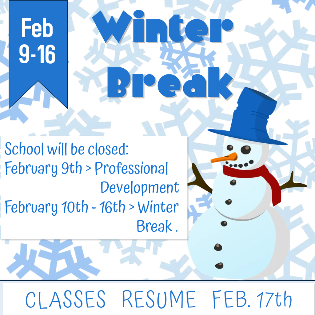 white background with different shades of blue snowflakes (stick figure like and varying in size) with a snowman wearing a red scarf and blue top hat