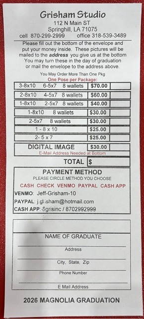 Grisham Studio order form for graduation pictures.