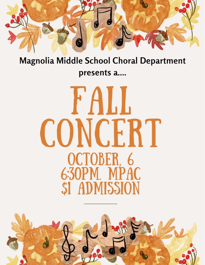 Poster for Fall Concert on October 6, 6:30 p.m. Admission $1. Features musical notes, pumpkins, and autumn leaves.