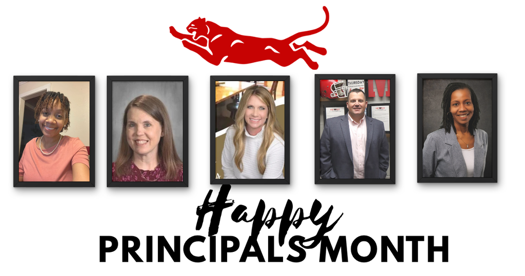Five portraits of smiling individuals, each wearing formal attire, set against a white background with a red logo and the words "Happy Principals' Month".