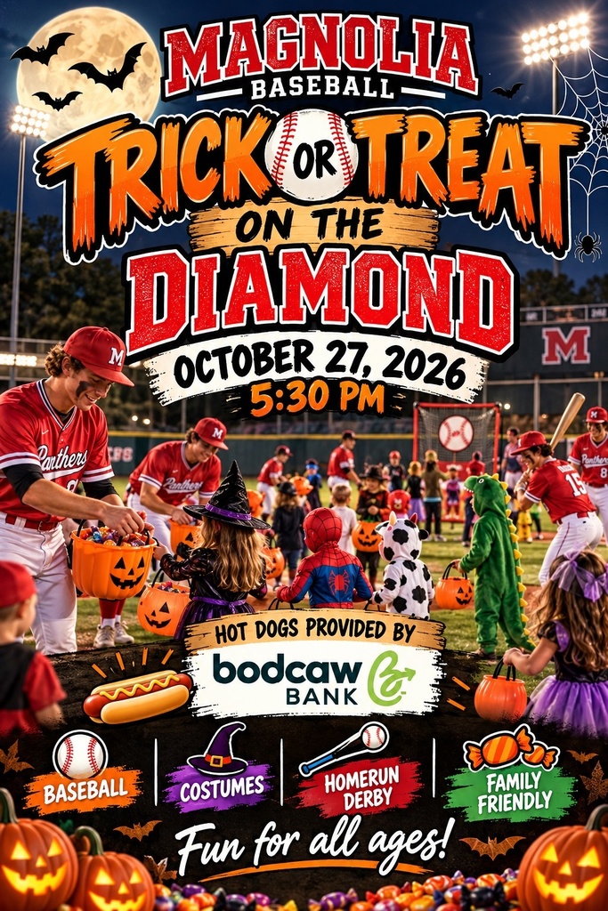 An event poster for Magnolia Baseball Trick or Treat on October 27, 2026, at 5:30 PM. People in costumes are shown with pumpkins.