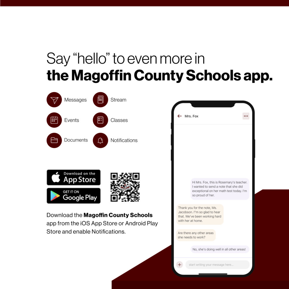 Poster highlighting: Say "hello" to even more in the Magoffin County Schools App.