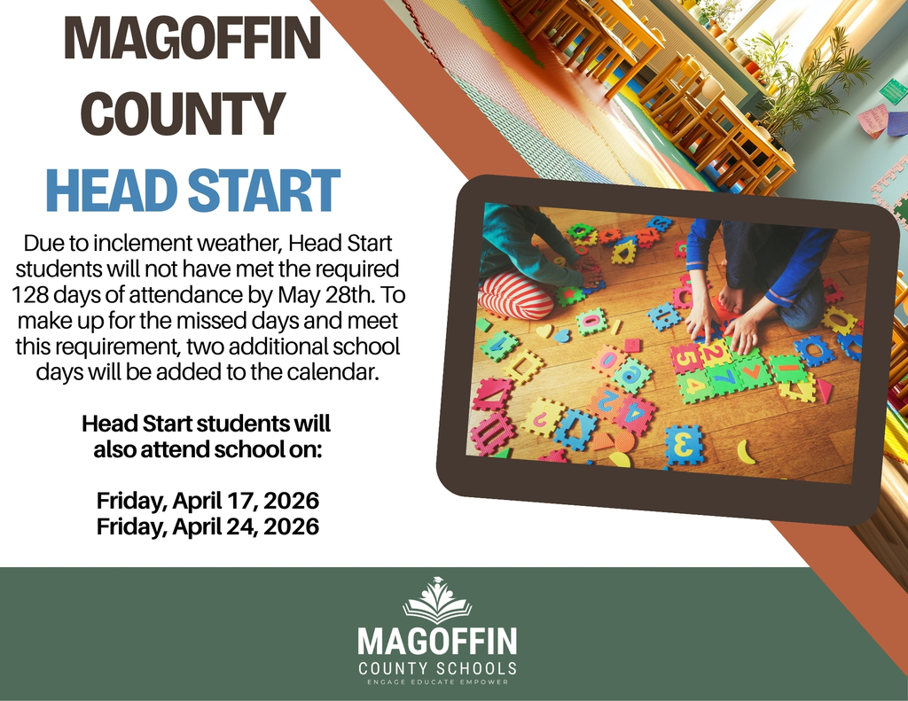 Due to inclement weather, Head Start students will not meet the required 128 days of attendance by May 28, 2026. To ensure this requirement is fulfilled, two additional school days have been added to the calendar.   Head Start students will now also attend school on:   • Friday, April 17, 2026  • Friday, April 24, 2026 