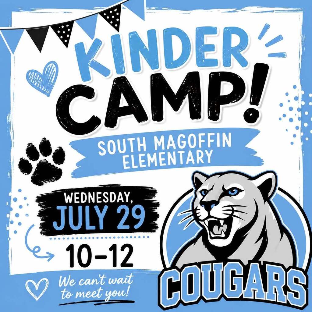 Kinder Camp at South Magoffin Elementary-Wednesday July 29, 2026, from 10AM-12PM