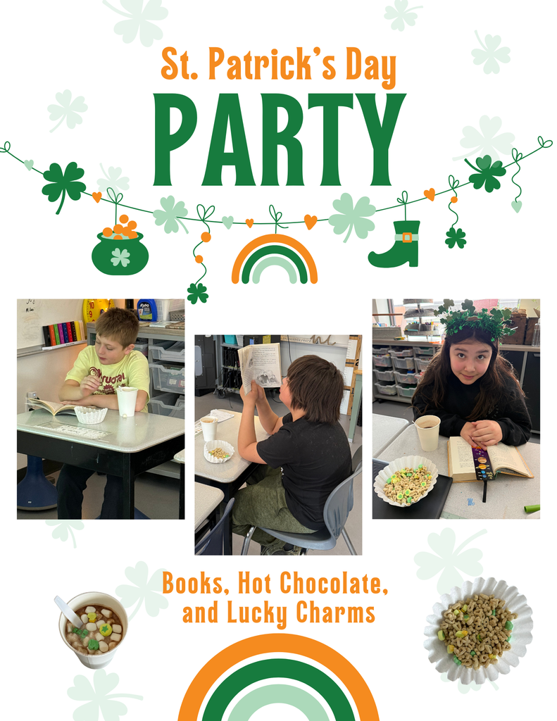 Ms.Guenther’s 5th grade class celebrated St. Patrick’s Day with some hot chocolate and Lucky Charms during our morning reading time today ☘️