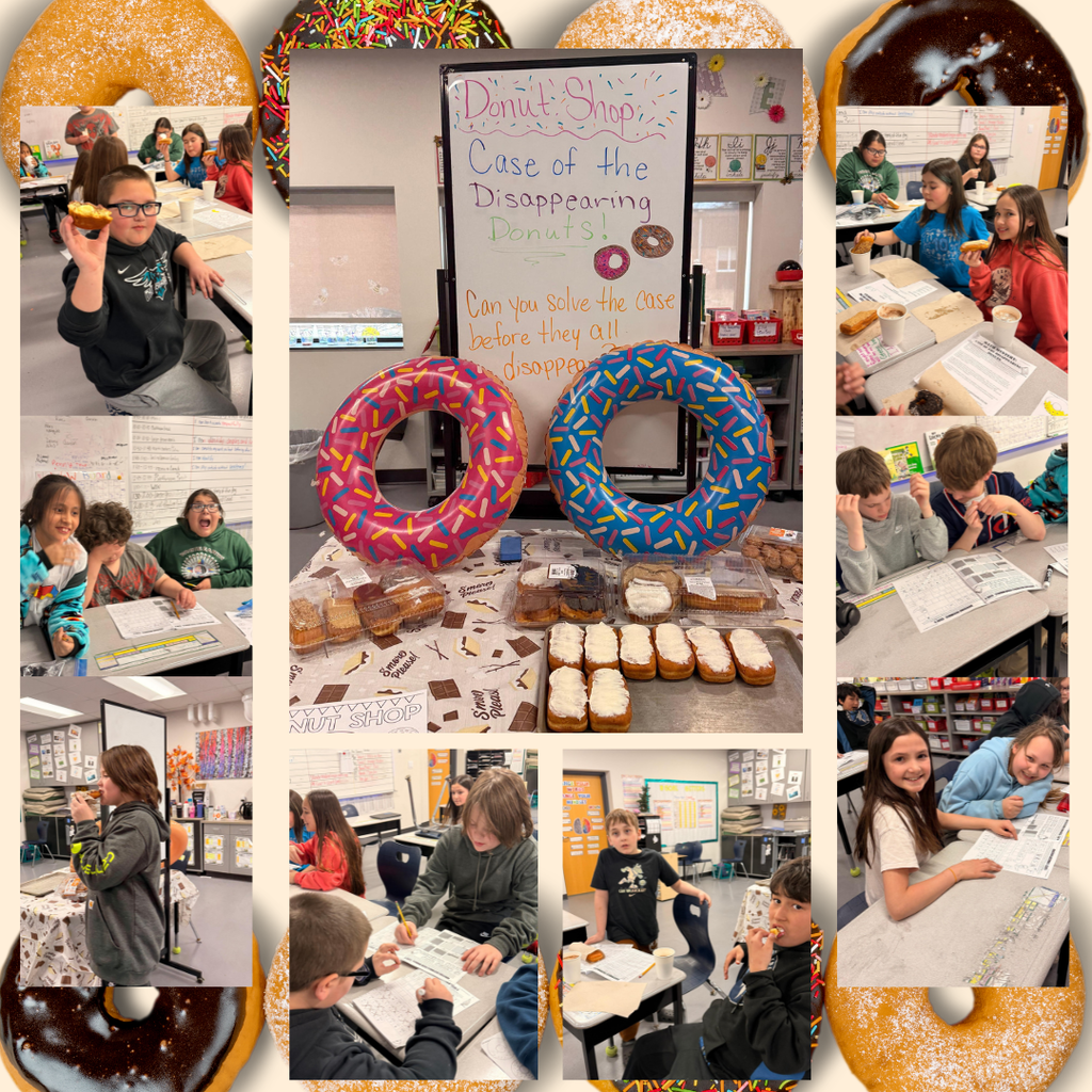 A colorful classroom collage themed around a “Donut Shop: Case of the Disappearing Donuts!” activity. In the center, a whiteboard displays the activity title with bright marker colors, surrounded by two large inflatable donut decorations (one pink with sprinkles, one blue with sprinkles). Tables below hold assorted donuts and pastries.  Around the edges, multiple photos show elementary students sitting at desks, eating donuts, smiling, and working on worksheets. Some students are writing or solving problems, while others hold or take bites of donuts. The classroom setting includes desks, papers, and bulletin boards, creating a fun, hands-on learning environment that combines a mystery activity with a treat.