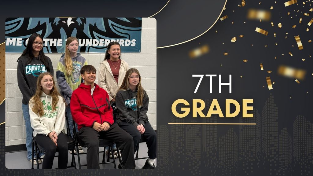 Group of 7th grade students seated and standing in front of a Thunderbird banner, smiling for a recognition photo at Mahnomen High School Academic Awards.