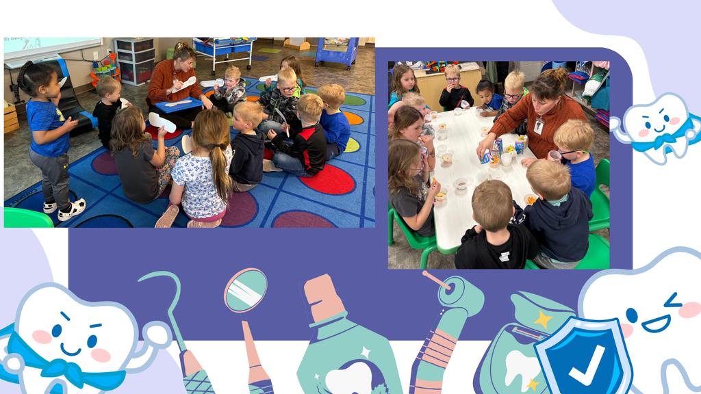 A teacher sits on a colorful classroom rug with a small group of young children, holding up a dental item while the children listen and participate.  Children sit around a table with a teacher, enjoying snacks and drinks during Dental Night activities.