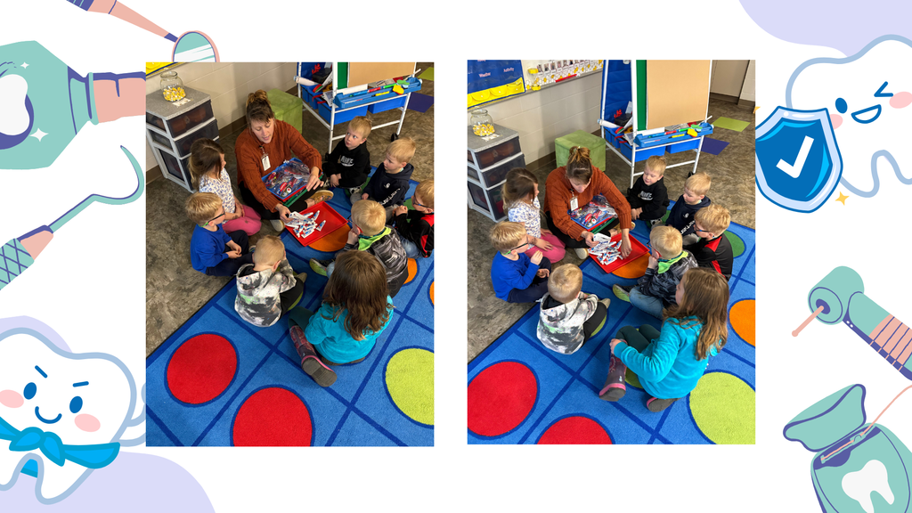 A teacher shows children toothbrushes and dental supplies while they sit in a circle on a classroom rug.  The teacher hands out toothbrushes to students as they gather closely and watch with interest.