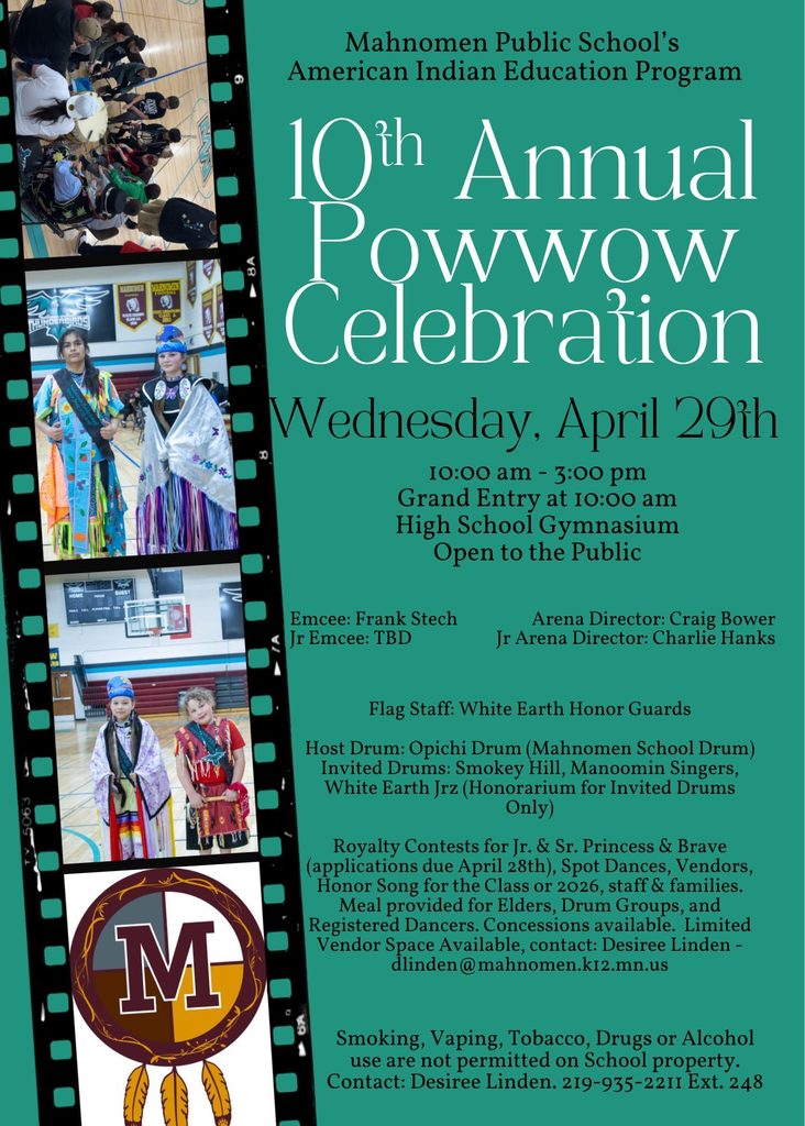 Flyer for Mahnomen’s 10th Annual Powwow with date, time, and photos of dancers.
