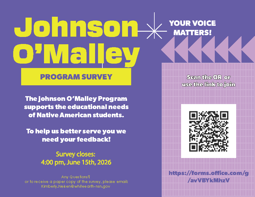 Purple and yellow Johnson O’Malley Program Survey flyer. The flyer states that the Johnson O’Malley Program supports the educational needs of Native American students and is seeking feedback through a survey. A QR code and survey link are provided for participation. The survey closes at 4:00 PM on June 15, 2026. Contact information for questions or to request a paper copy of the survey is included. The flyer features geometric design elements and the phrase “Your Voice Matters!” in the upper right corner.