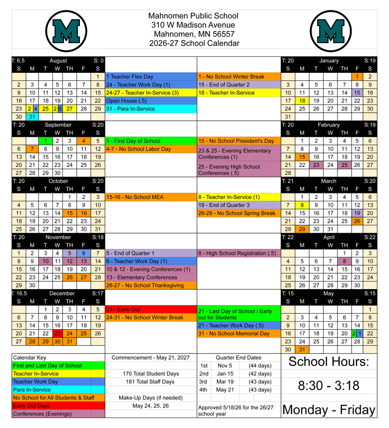 School Calendar for the 2026-2027 school year