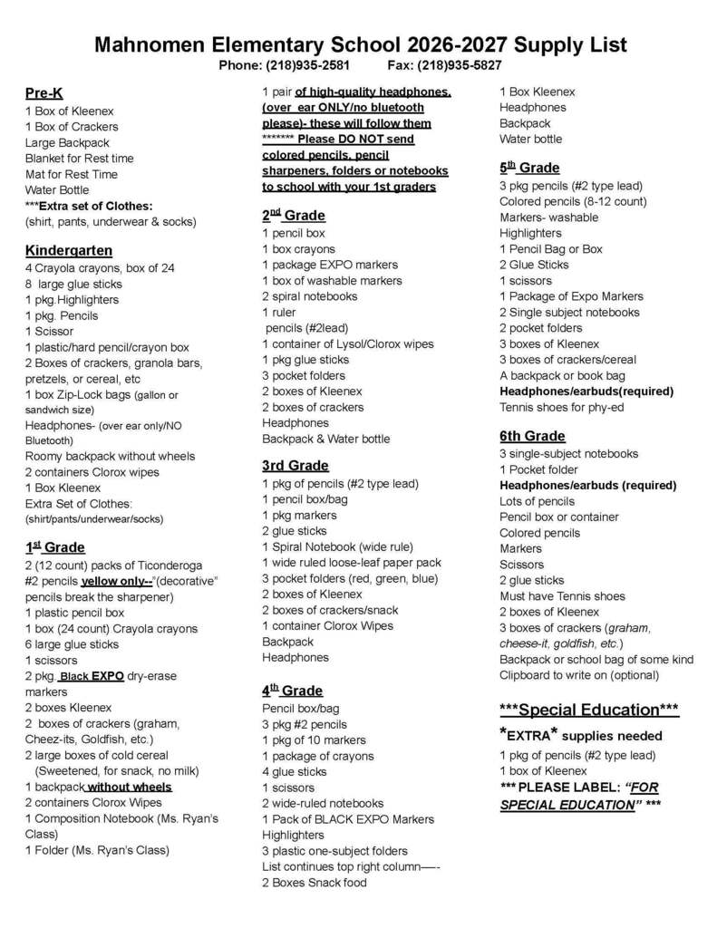 School Supply list 