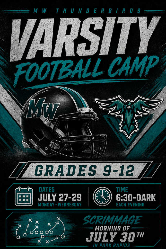 Promotional graphic for MW Thunderbirds Varsity Football Camp. The design features a black football helmet with the white "MW" logo and a teal-and-black Thunderbird mascot logo on a dark textured background with teal accents. Large text reads "Varsity Football Camp" for students in Grades 9–12. Camp dates are July 27–29 (Monday–Wednesday) from 6:30 p.m. until dark each evening. A football play diagram highlights a scrimmage on the morning of July 30 in Park Rapids. The overall design uses bold white lettering with teal accents and a football-themed, high-energy style.