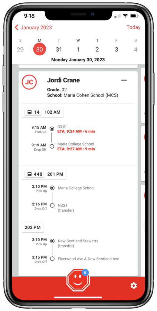Smartphone displaying the Stopfinder school bus tracking app with a student’s morning and afternoon bus schedule, pickup and drop-off times, and a notification alert showing that the bus has arrived at home.