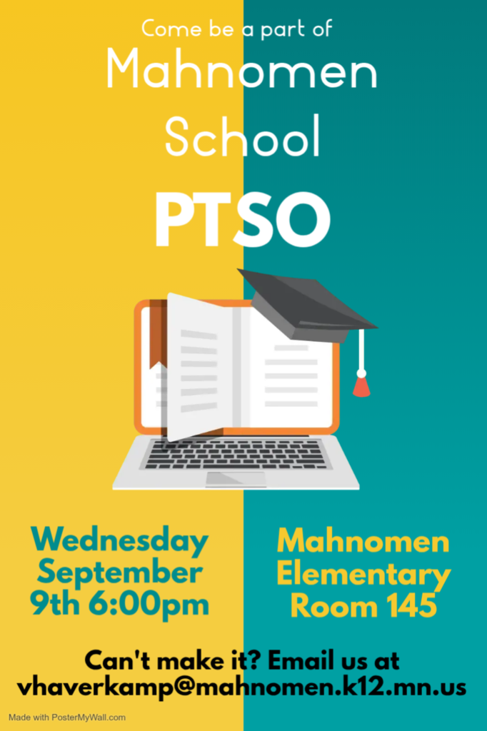Colorful Mahnomen School PTSO flyer inviting families to participate. The meeting is Wednesday, September 9 at 6:00 p.m. in Mahnomen Elementary Room 145. The flyer features a laptop, open book, and graduation cap. Those unable to attend can email vhaverkamp@mahnomen.k12.mn.us.