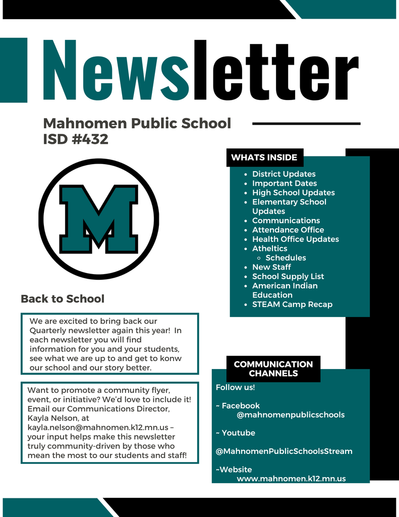 Mahnomen Public School ISD #432 back-to-school newsletter cover. The black, white, and teal graphic features the Mahnomen “M” logo and highlights what’s inside the newsletter, including district updates, important dates, high school and elementary updates, communications, attendance and health office updates, athletics schedules, new staff, school supply lists, American Indian Education, and a STEAM Camp recap. The cover also includes school communication channels and information about submitting community events and flyers.
