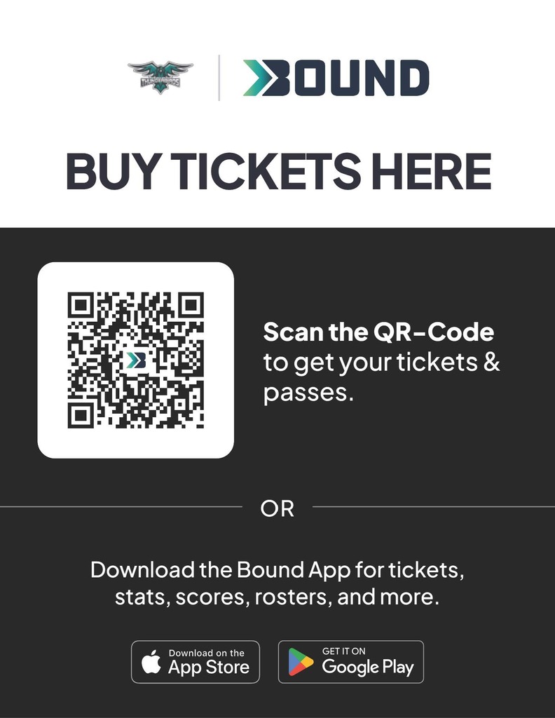 Mahnomen-Waubun Thunderbirds Bound ticketing flyer. The flyer says “Buy Tickets Here” and includes a QR code to scan for tickets and passes. It also encourages users to download the Bound app for tickets, stats, scores, rosters, and more, with App Store and Google Play options shown.
