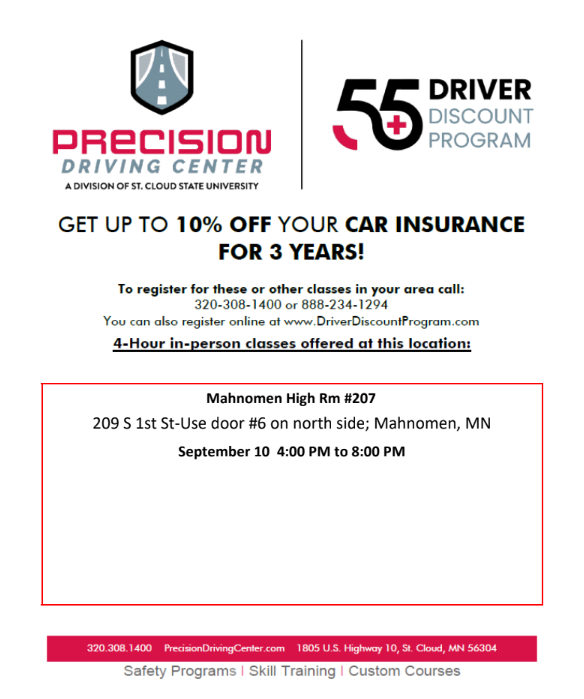 Precision driving center is hosting a 55 + driver discount program. 