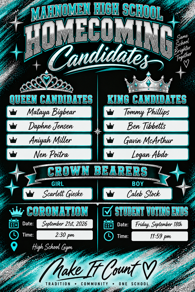 2026 Mahnomen High School Homecoming candidates. Queen candidates are Mataya Bigbear, Daphne Jensen, Aniyah Miller, and Nen Poitra. King candidates are Tommy Phillips, Ben Tibbetts, Gavin McArthur, and Logan Abdo. Crown bearers are Scarlett Gieske and Caleb Stock. Coronation is September 21 at 2:30 p.m. in the High School Gym. Student voting ends Friday, September 18 at 11:59 p.m.