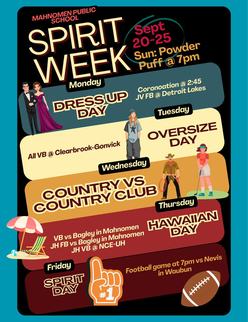 Spirit Week, September 20–25, with dress-up days: Monday—Dress Up Day; Tuesday—Oversize Day; Wednesday—Country vs. Country Club; Thursday—Tropical Day; and Friday—Spirit Day. The graphic also lists school activities and athletic events throughout the week, including coronation Monday at 2:45 p.m. and Friday’s football game against Nevis at 7 p.m. in Waubun.