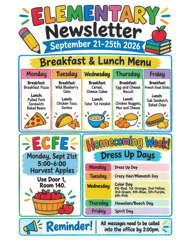Colorful Mahnomen Elementary newsletter for September 21–25, 2026. The newsletter includes the breakfast and lunch menu for Monday through Friday, ECFE Harvest Apples on Monday, September 21 from 5:00–6:00 PM using Door 1, Room 140, and Homecoming Week dress-up days. Monday is Dress Up Day, Tuesday is Crazy Hair/Mismatch Day, Wednesday is Color Day with assigned colors by grade, Thursday is Hawaiian/Beach Day, and Friday is Spirit Day. A reminder at the bottom asks families to call all messages into the office by 2:00 PM.