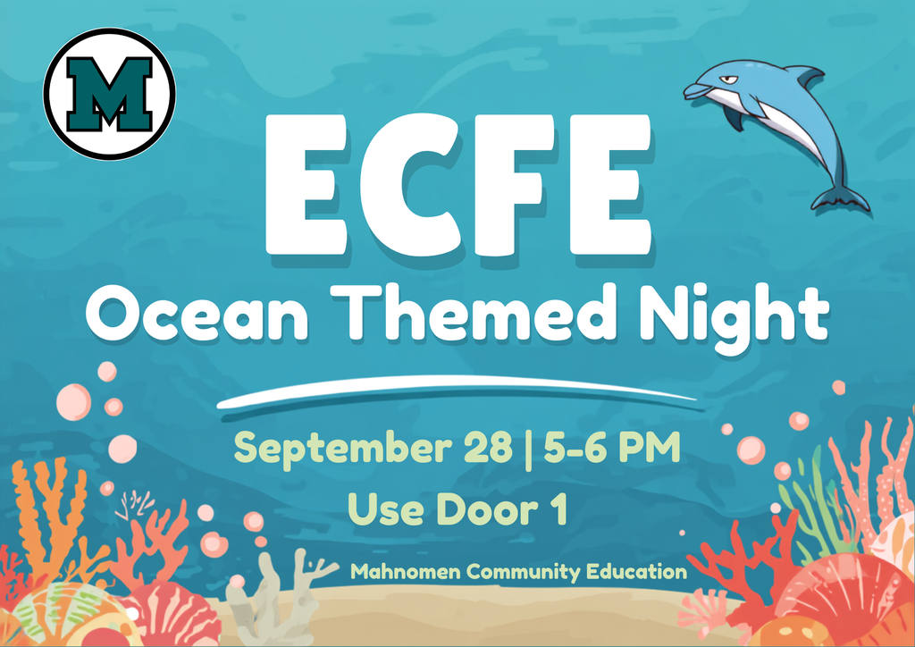 Blue ocean-themed ECFE flyer featuring coral, shells and a dolphin. Ocean-Themed Night is September 28 from 5–6 PM. Families should use Door 1.