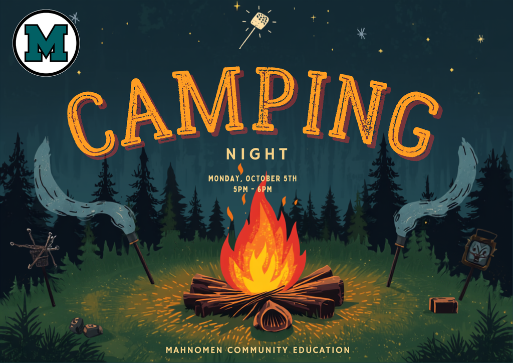Nighttime camping-themed ECFE flyer featuring a campfire and forest. Camping Night is Monday, October 5 from 5–6 PM through Mahnomen Community Education.