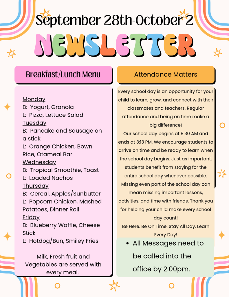 Colorful Mahnomen School weekly newsletter for September 28–October 2. Includes the breakfast and lunch menu for Monday through Friday, an “Attendance Matters” reminder encouraging students to be at school on time and stay for the full day, and a reminder that all messages and after-school changes need to be called into the office by 2:00 PM.