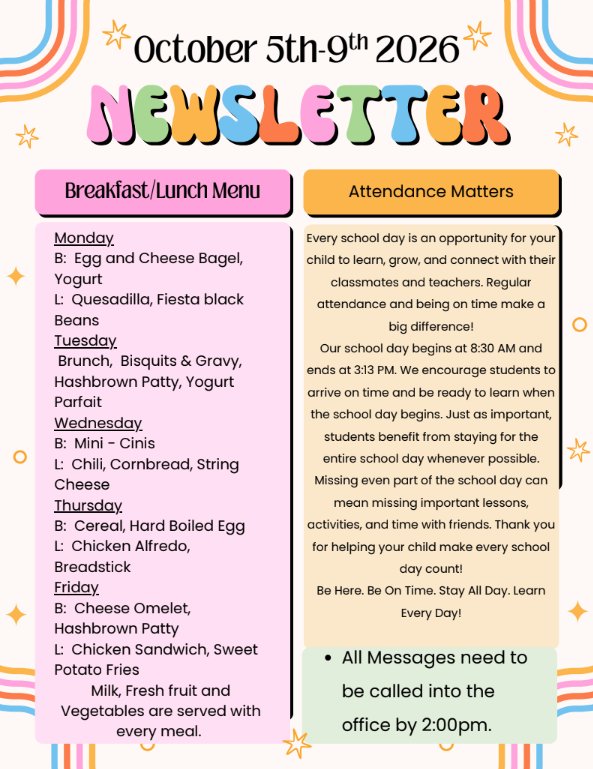 Mahnomen School newsletter for October 5–9, 2026. Includes the weekly breakfast and lunch menu, an attendance reminder encouraging students to be at school on time and stay for the full day, and a reminder that all messages and changes need to be called into the office by 2:00 PM.