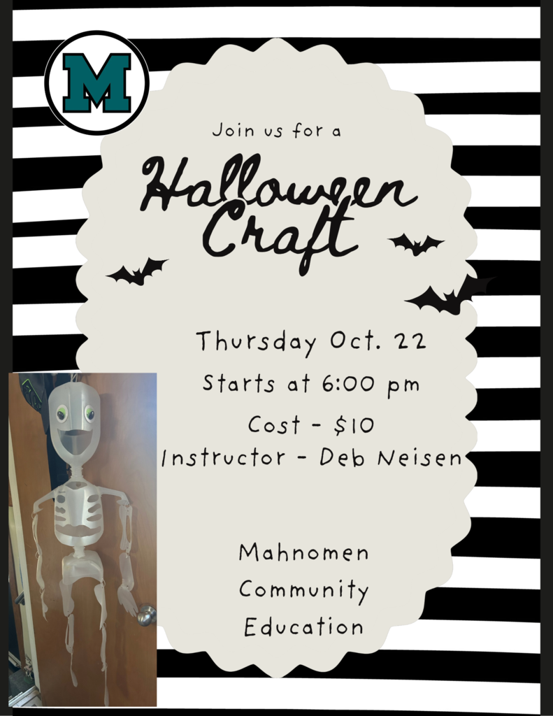 Mahnomen Community Education Halloween Craft Night flyer with black-and-white stripes, bat illustrations, and a photo of a hanging skeleton made from plastic jugs. The event is Thursday, October 22, at 6:00 PM in Room 210. Enter through Door 6. Cost is $10, with instructor Deb Neisen. Participants should bring 6 empty, clean gallon-sized plastic jugs to create a Halloween decoration. Registration is required online, via email, or by calling 218-935-2211 ext. 315.