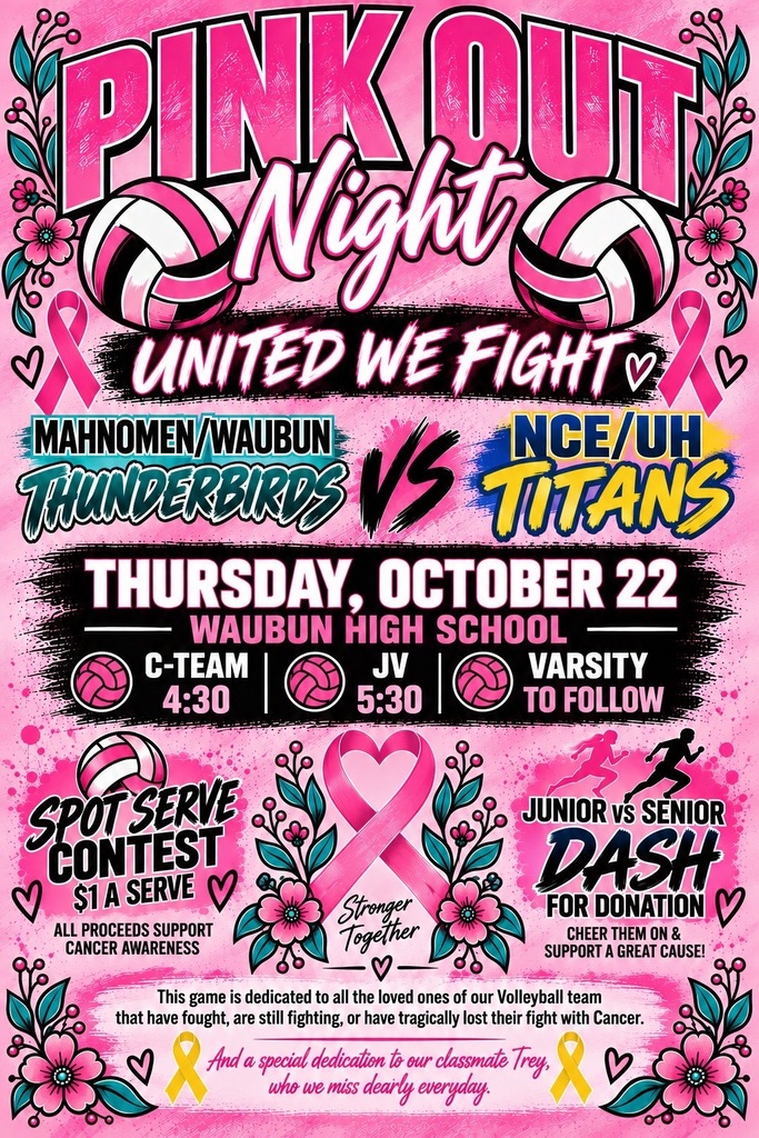 🏐💗 LAST REGULAR SEASON GAME! 💗🏐Tomorrow night, our Thunderbirds hit the court for one last regular season game! We’re also PINKING OUT the gym in support of Breast Cancer Awareness Month! Wear your PINK, pack the stands, and come cheer on our girls as they finish out the regular season strong! LET’S GO THUNDERBIRDS!