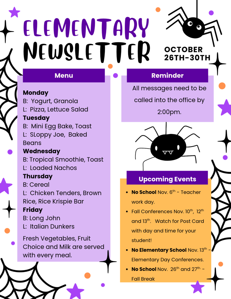 Halloween-themed Mahnomen Elementary Newsletter for October 26–30, featuring purple and black lettering, spiders, spiderwebs, and colorful stars. The newsletter includes the weekly breakfast and lunch menu, a reminder to call the school office with after-school changes by 2:00 PM, and upcoming dates. Important dates include no school November 6, fall conferences November 10, 12, and 13, no elementary school November 13, and fall break November 26–27.