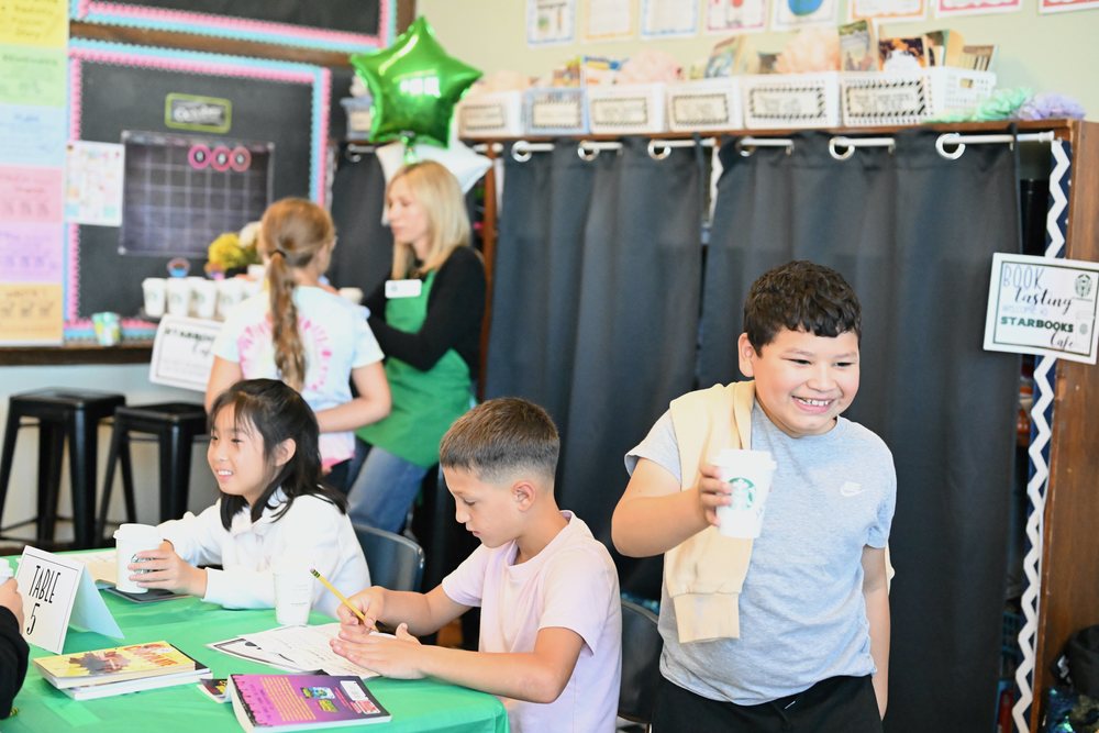 Fourth graders in Robin Ambrosi’s class at Lakeview Elementary School recently stepped into their classroom and found it transformed into a cozy café for a special reading event called “Starbooks Café.”