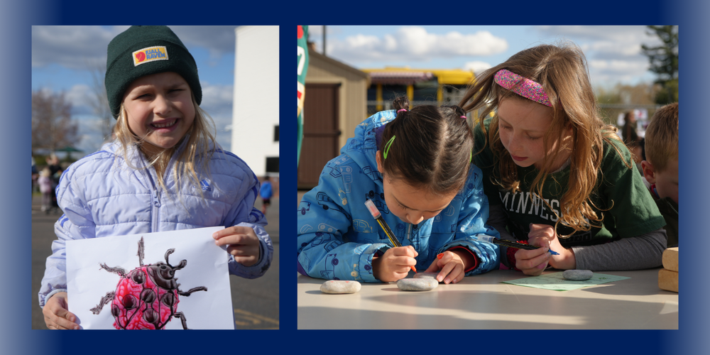 Early Childhood student with ladybug drawing at Nature Night and two preschool students painting rocks